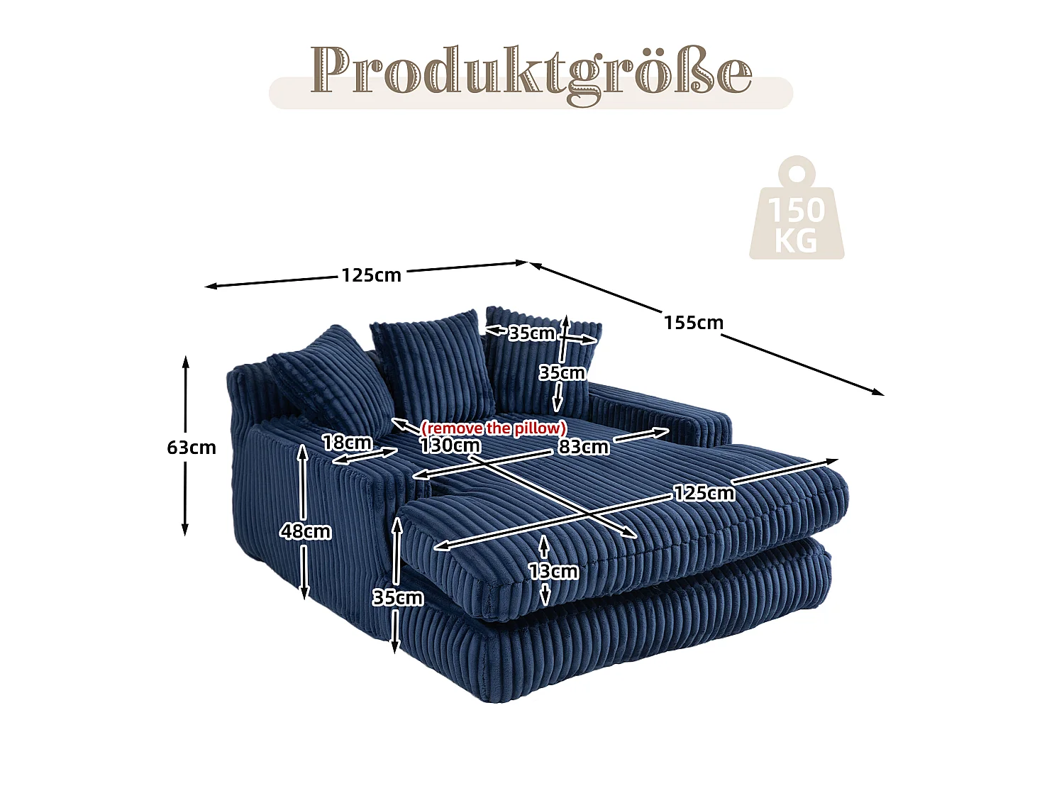 Canapé relaxation Cloud velours côtelé bleu marine, 3 coussins, assise large, design scandinave