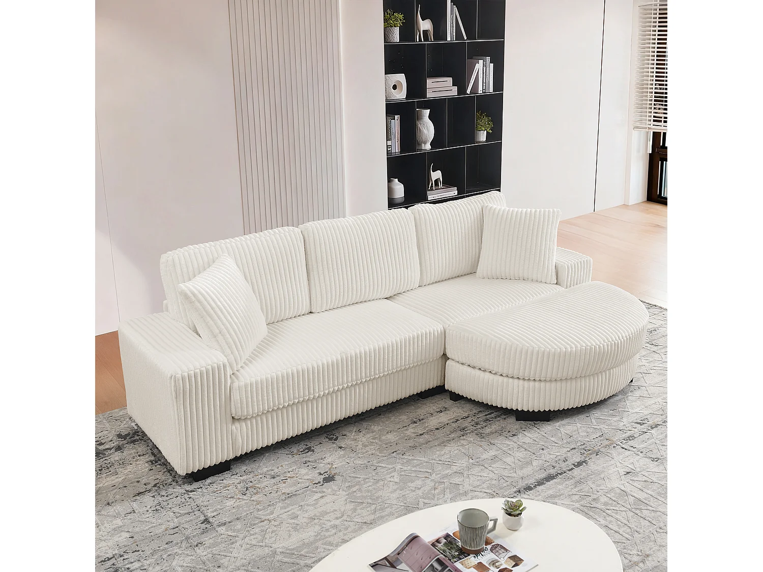 Canapé d'angle L 4 places en velours côtelé beige, modulable avec pouf ovale et 2 coussins, salon
