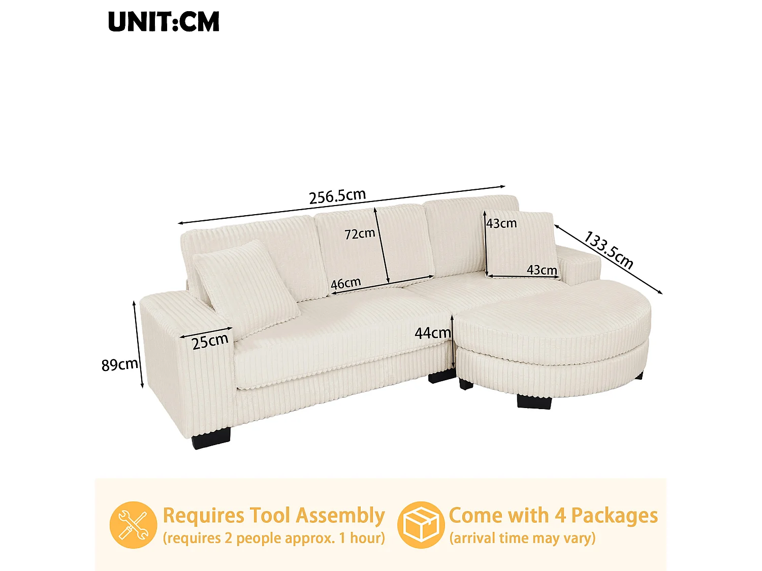 Canapé d'angle L 4 places en velours côtelé beige, modulable avec pouf ovale et 2 coussins, salon