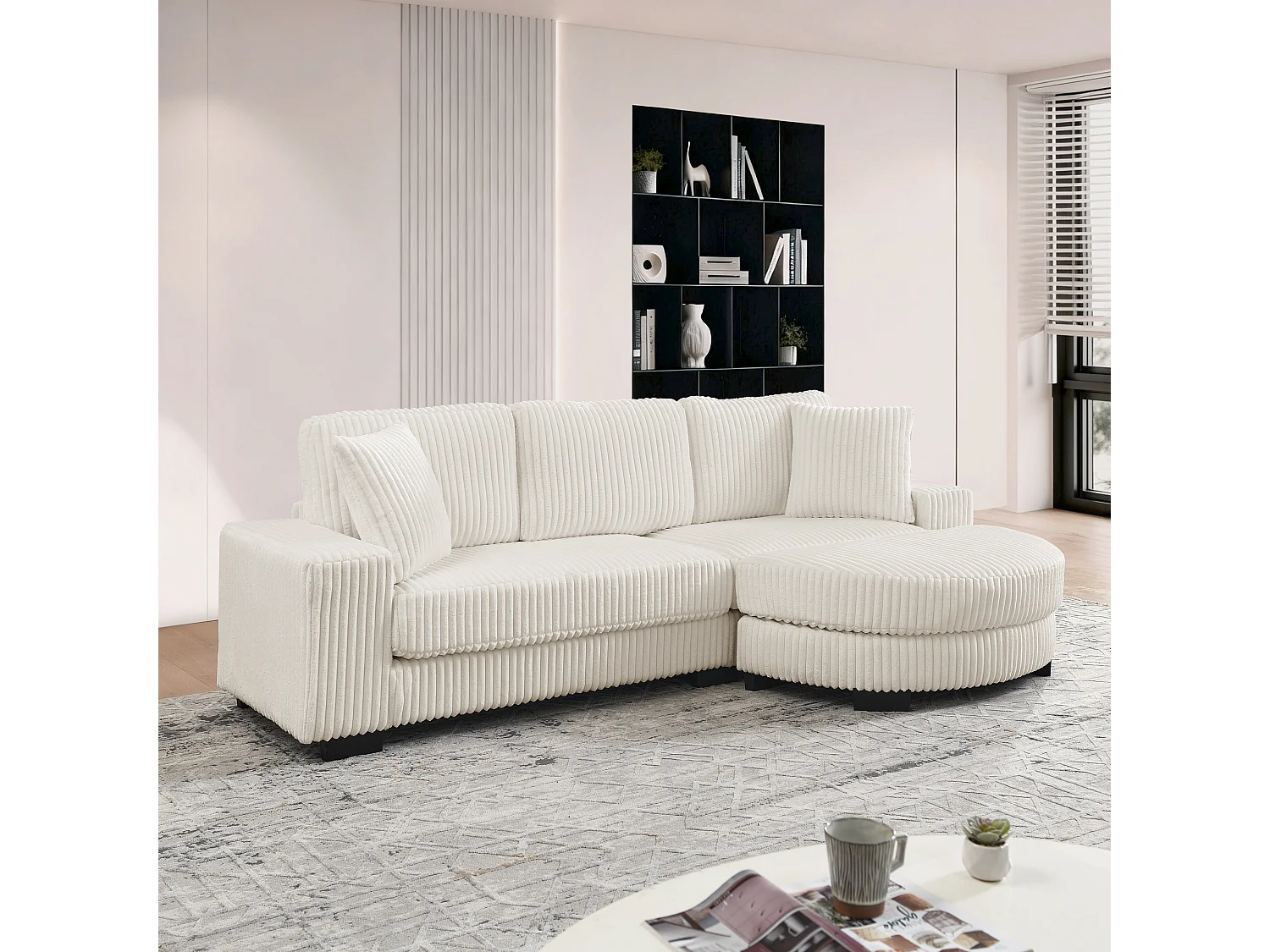 Canapé d'angle L 4 places en velours côtelé beige, modulable avec pouf ovale et 2 coussins, salon