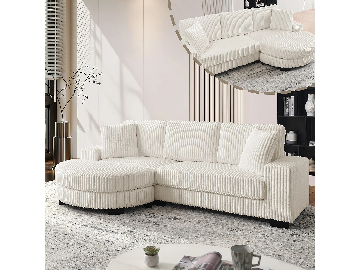 Canapé d'angle L 4 places en velours côtelé beige, modulable avec pouf ovale et 2 coussins, salon
