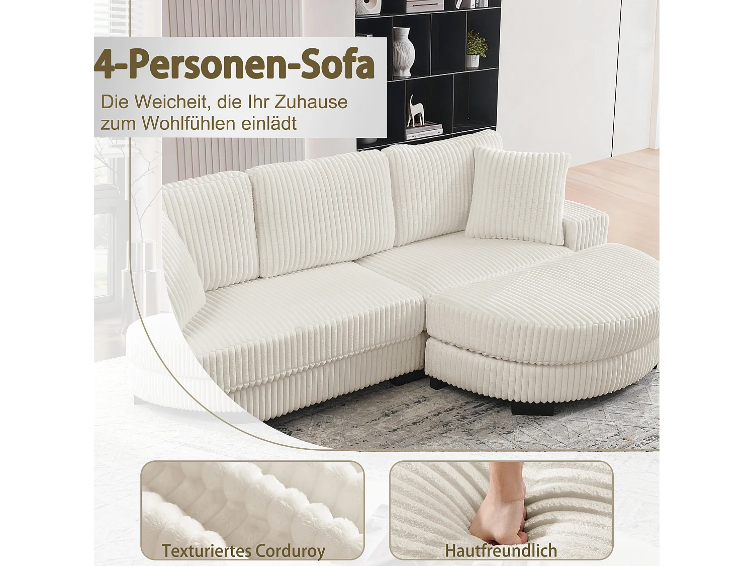 Canapé d'angle L 4 places en velours côtelé beige, modulable avec pouf ovale et 2 coussins, salon