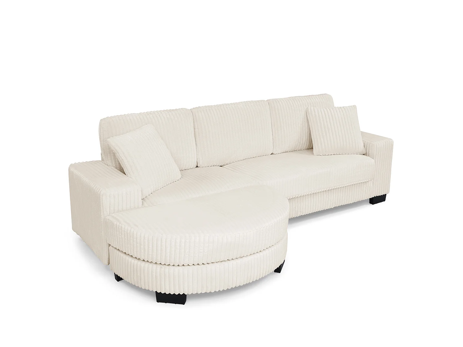 Canapé d'angle L 4 places en velours côtelé beige, modulable avec pouf ovale et 2 coussins, salon