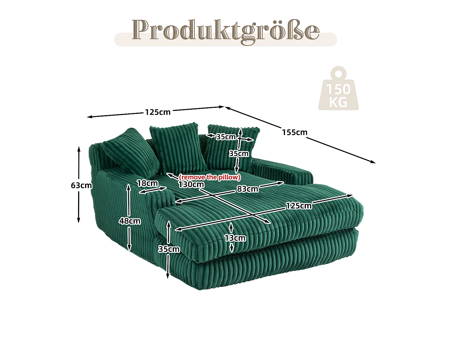 Canapé au sol vert émeraude style Cloud, velours côtelé, 3 coussins moelleux, assise confortable