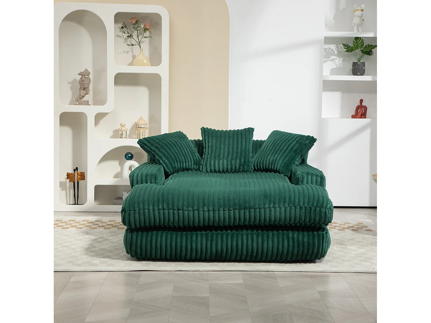 Canapé au sol vert émeraude style Cloud, velours côtelé, 3 coussins moelleux, assise confortable