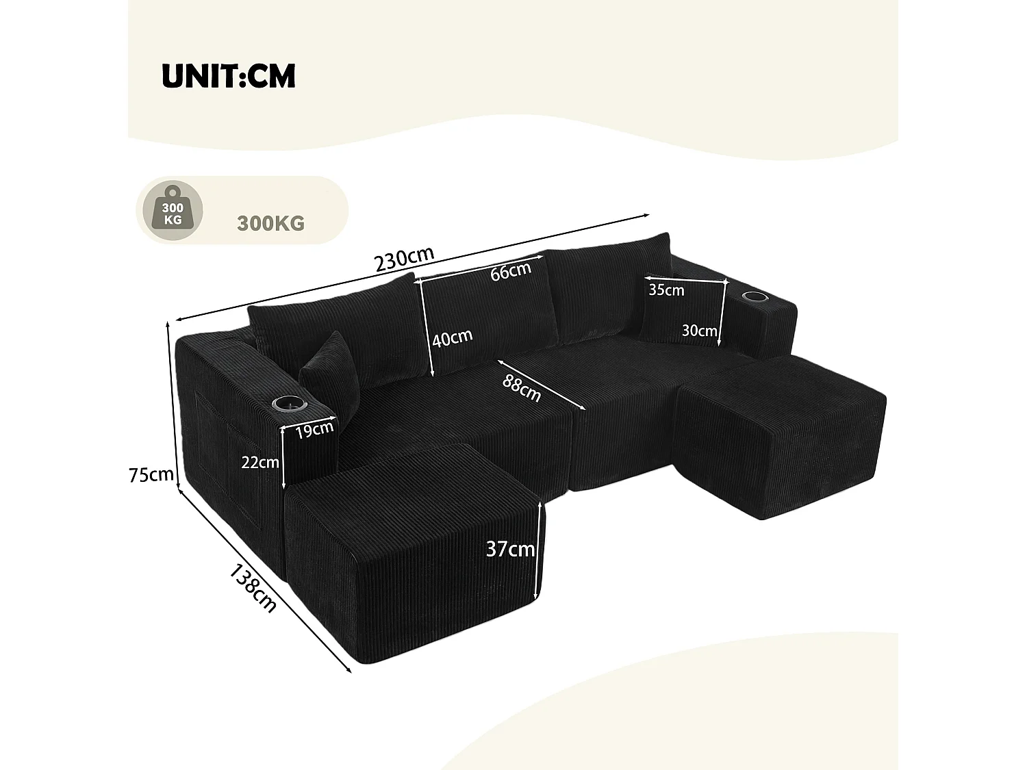 Canapé d'angle L modulable noir, poufs amovibles, velours côtelé, porte-gobelets et poche, salon