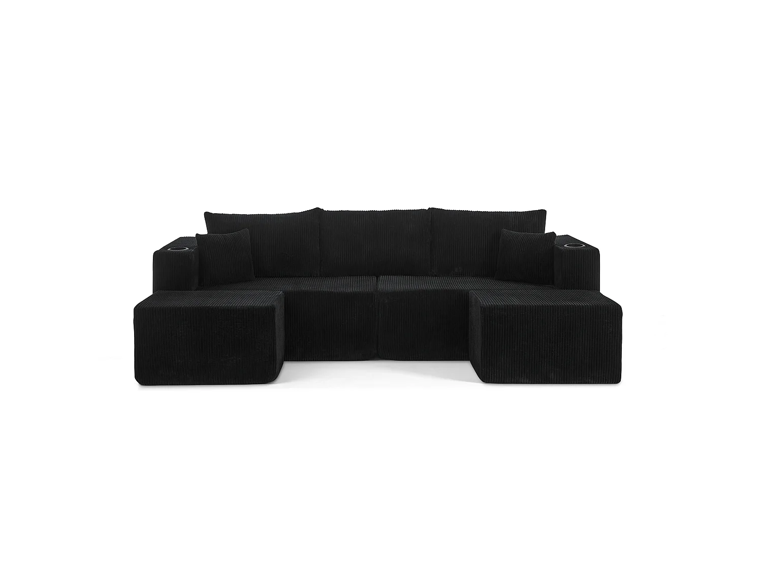 Canapé d'angle L modulable noir, poufs amovibles, velours côtelé, porte-gobelets et poche, salon