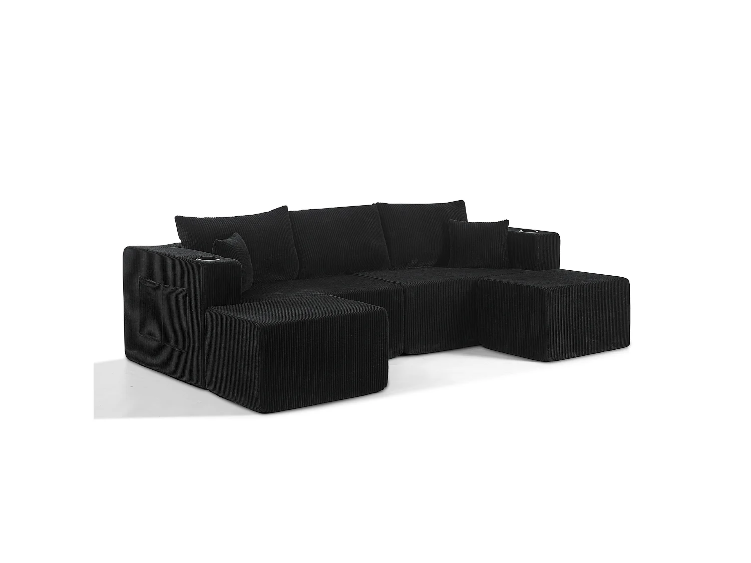 Canapé d'angle L modulable noir, poufs amovibles, velours côtelé, porte-gobelets et poche, salon