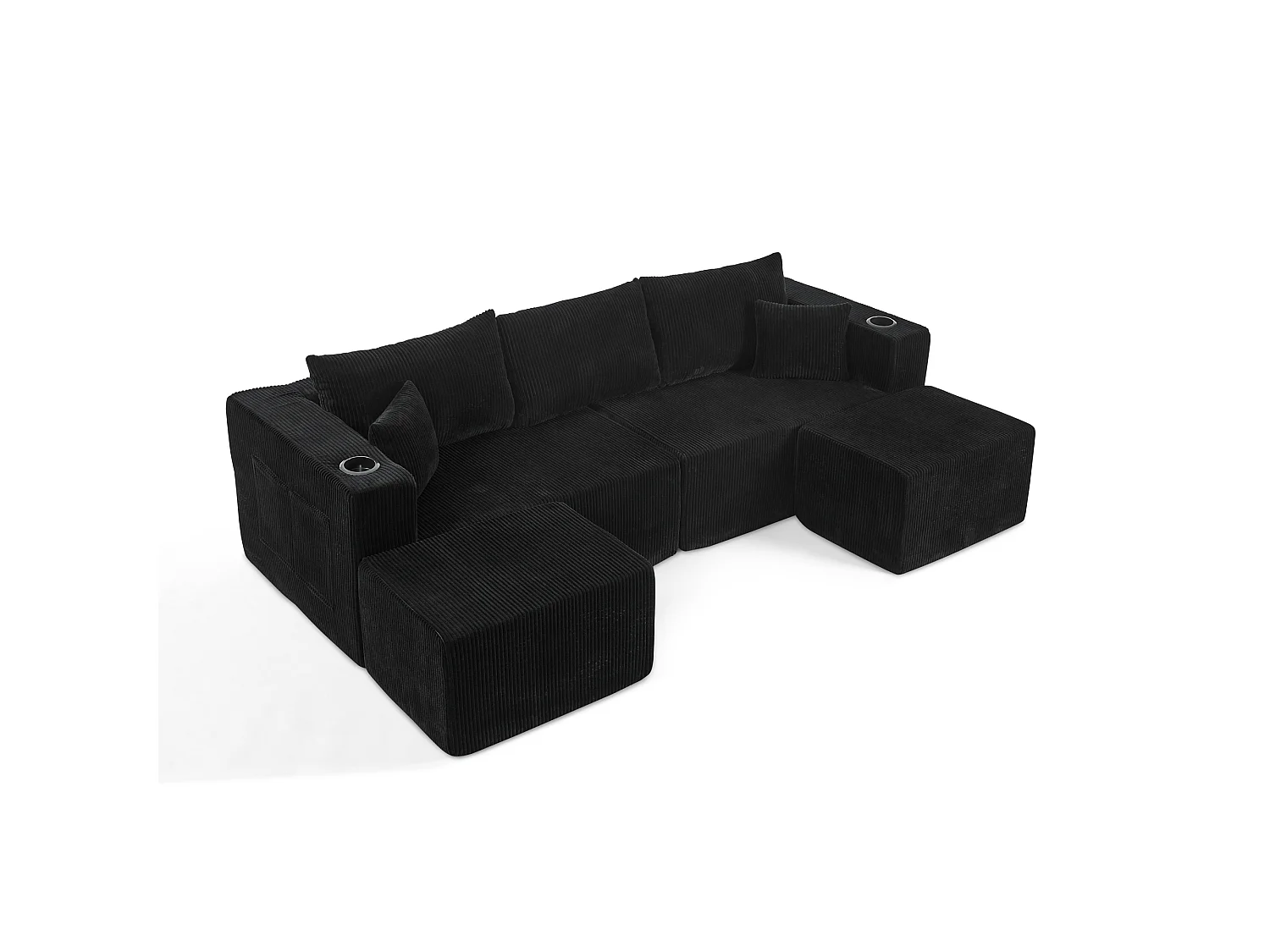Canapé d'angle L modulable noir, poufs amovibles, velours côtelé, porte-gobelets et poche, salon