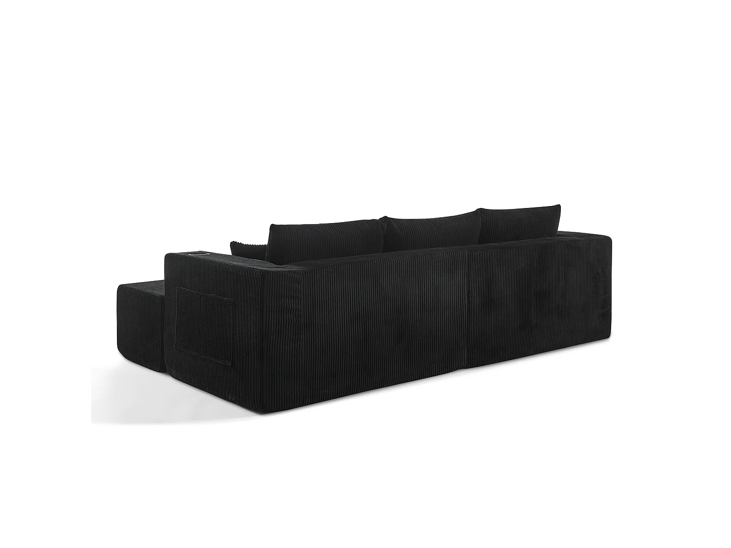 Canapé d'angle L modulable noir, poufs amovibles, velours côtelé, porte-gobelets et poche, salon