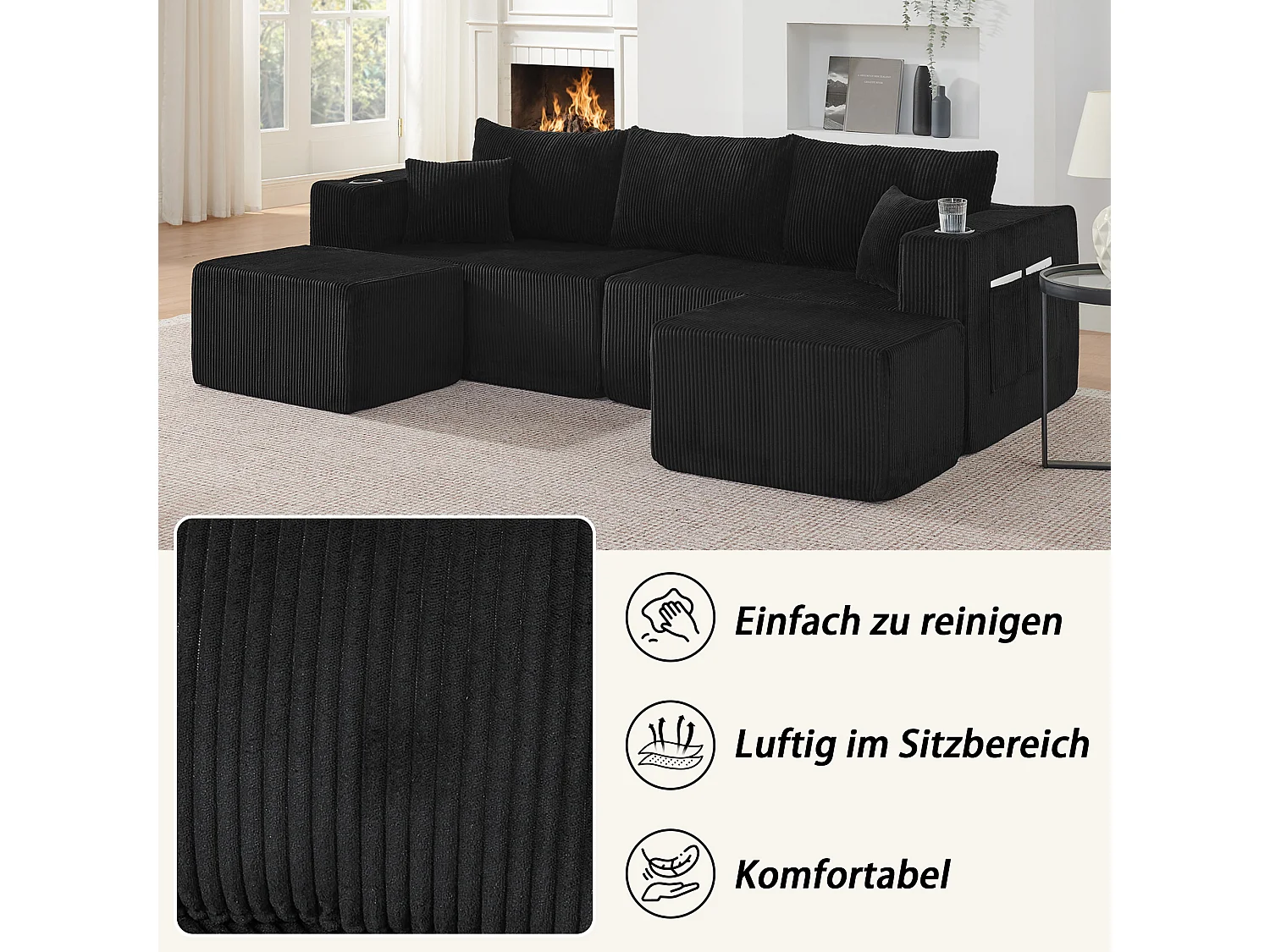 Canapé d'angle L modulable noir, poufs amovibles, velours côtelé, porte-gobelets et poche, salon