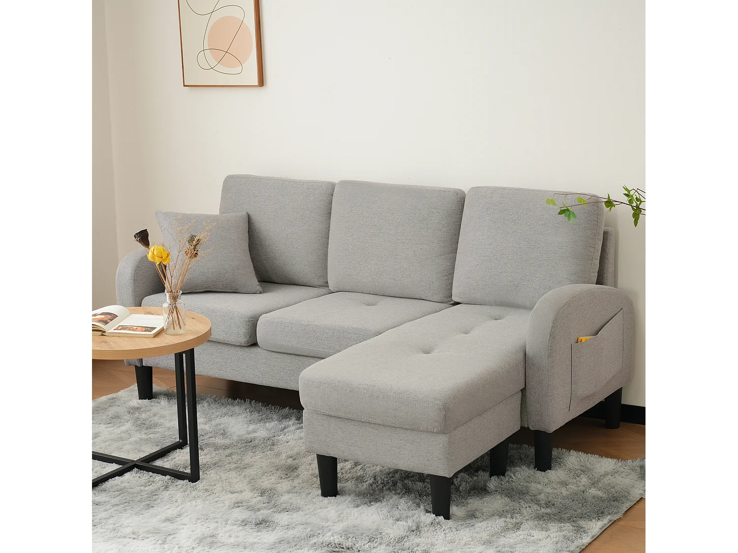 Canapé d'angle L 3 places, tissu coton et lin, méridienne, design scandinave, salon
