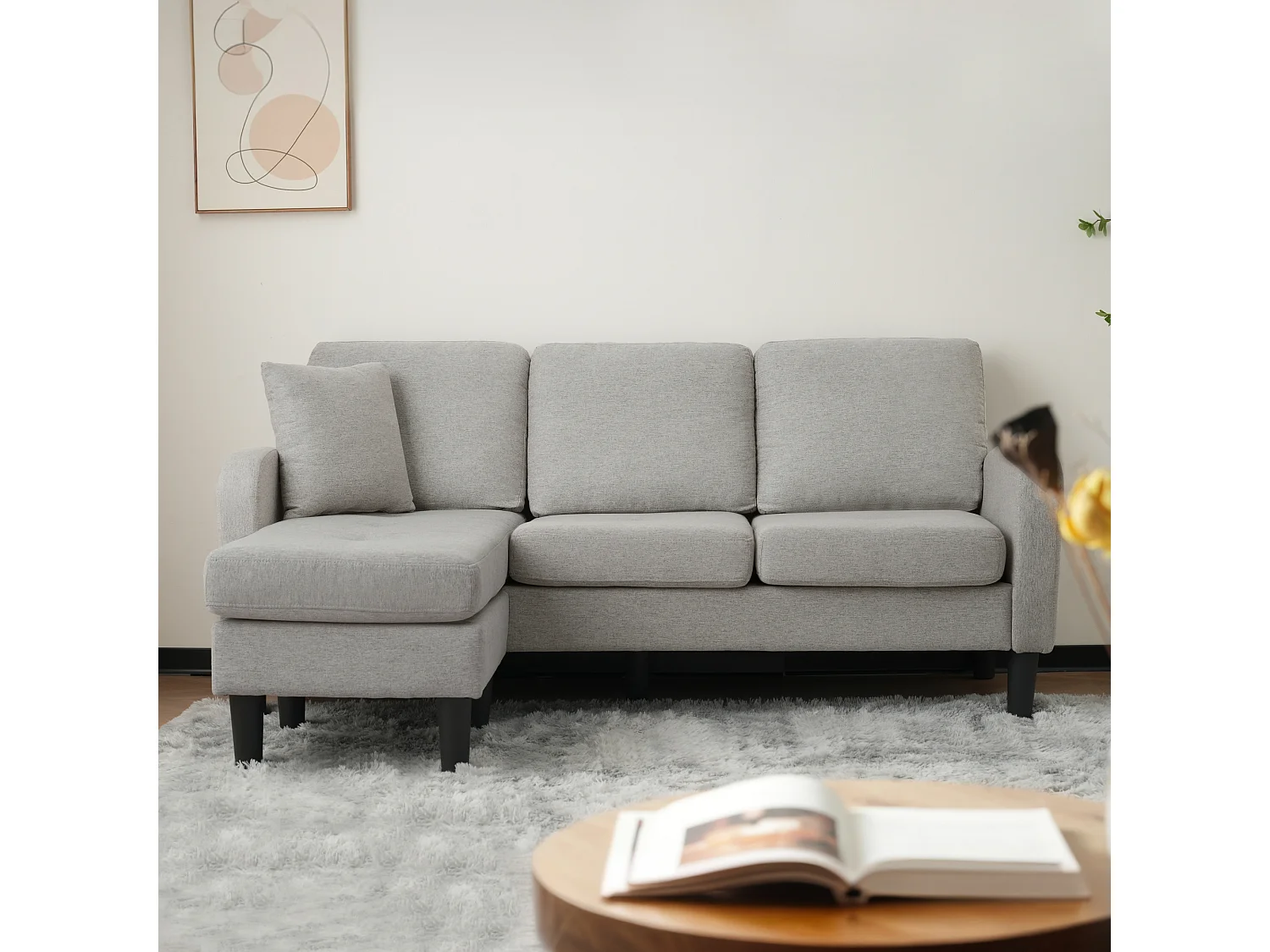 Canapé d'angle L 3 places, tissu coton et lin, méridienne, design scandinave, salon