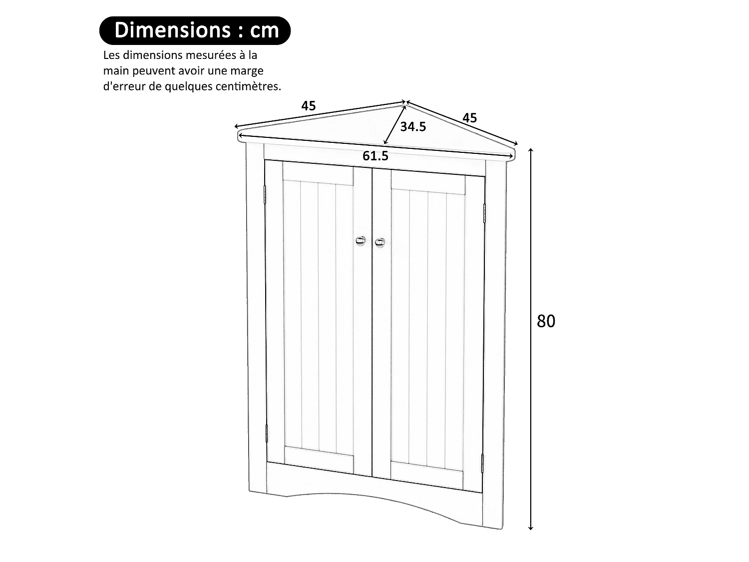 Meuble d'angle blanc, 2 portes, 3 étagères, triangulaire, gain de place, pour salle de bain