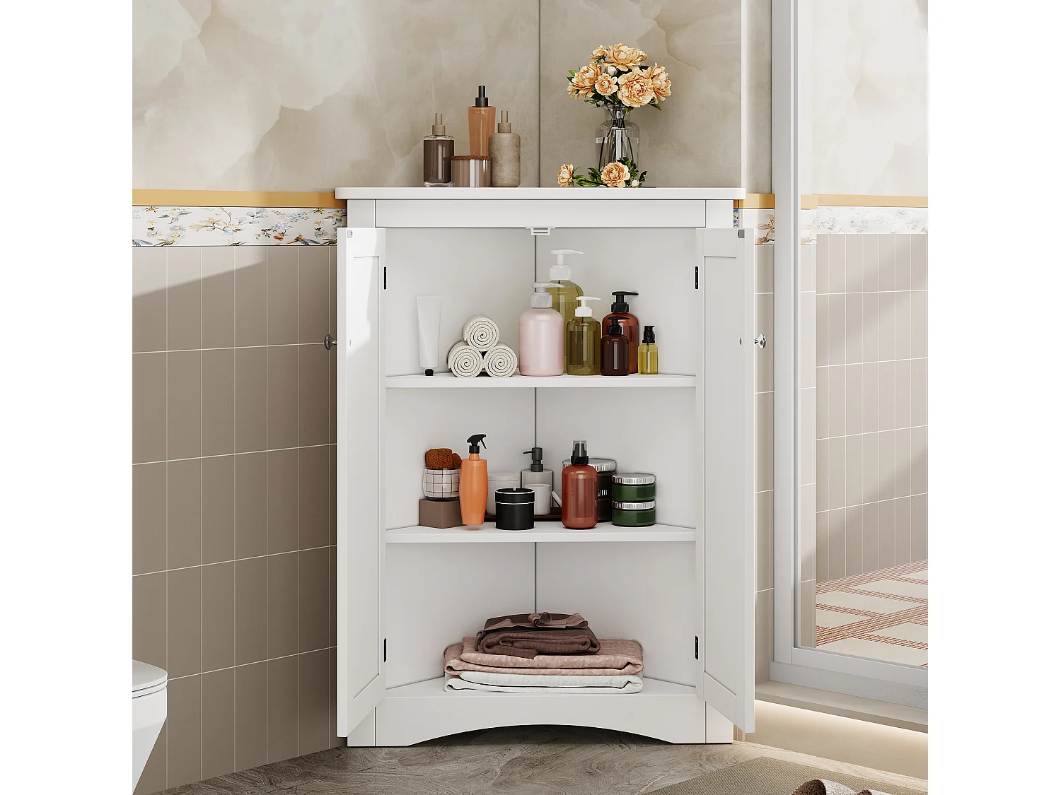 Meuble d'angle blanc, 2 portes, 3 étagères, triangulaire, gain de place, pour salle de bain