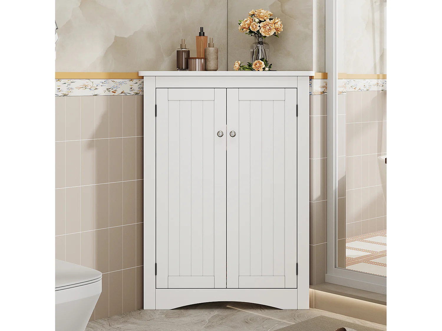 Meuble d'angle blanc, 2 portes, 3 étagères, triangulaire, gain de place, pour salle de bain