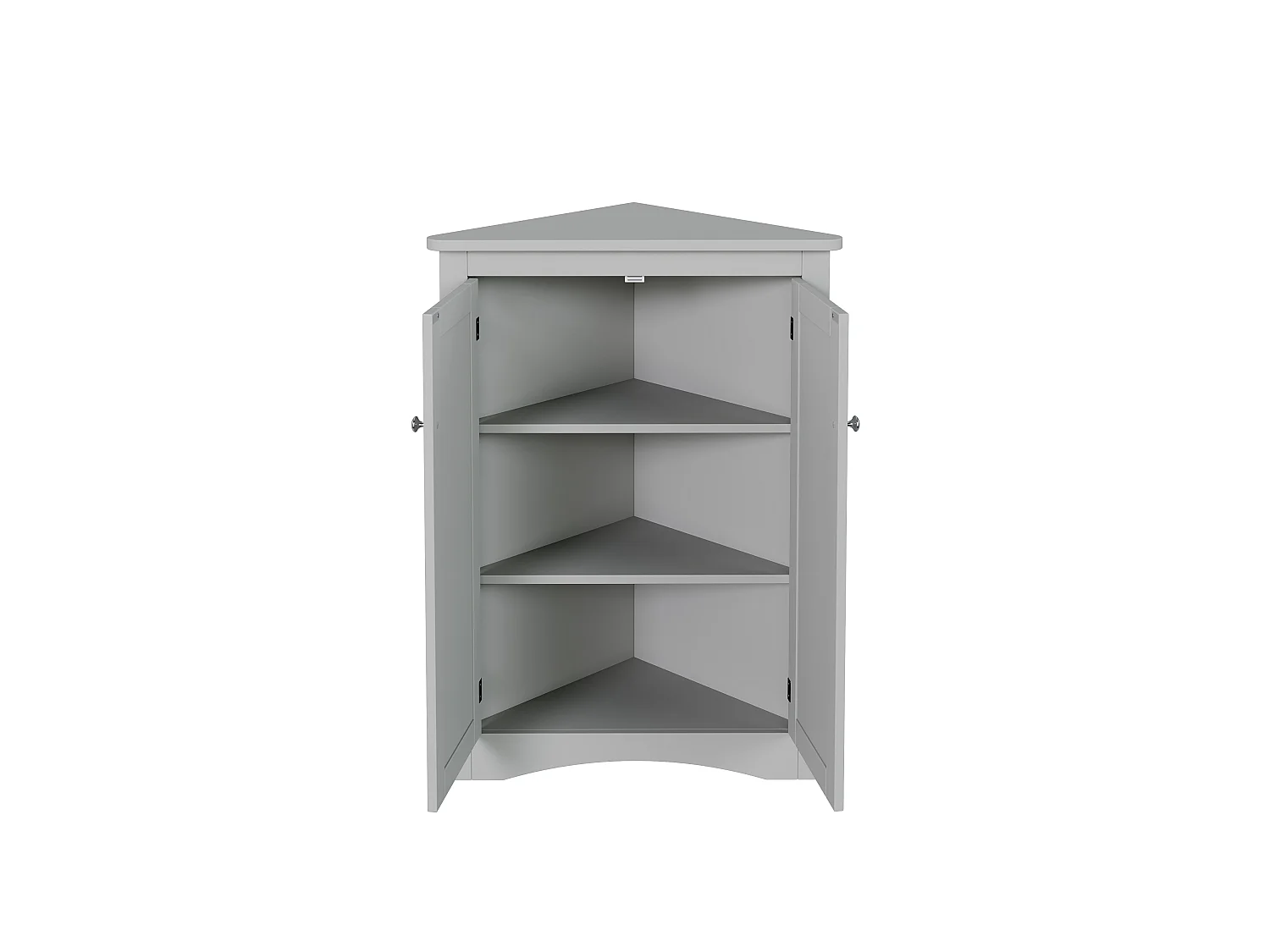 Meuble d'angle gris, 2 portes, 3 étagères, triangulaire, gain de place, pour salle de bain