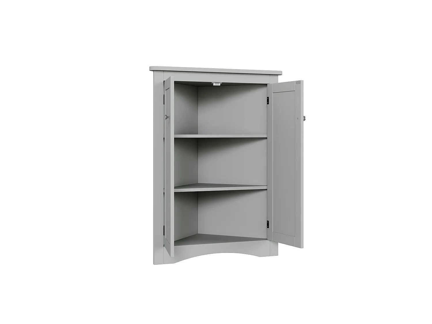 Meuble d'angle gris, 2 portes, 3 étagères, triangulaire, gain de place, pour salle de bain