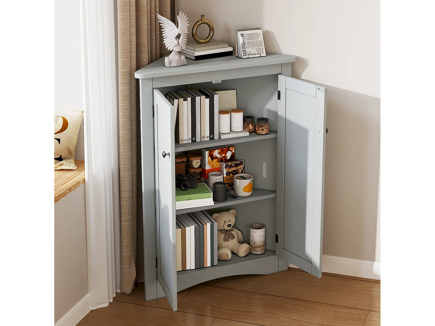 Meuble d'angle gris, 2 portes, 3 étagères, triangulaire, gain de place, pour salle de bain