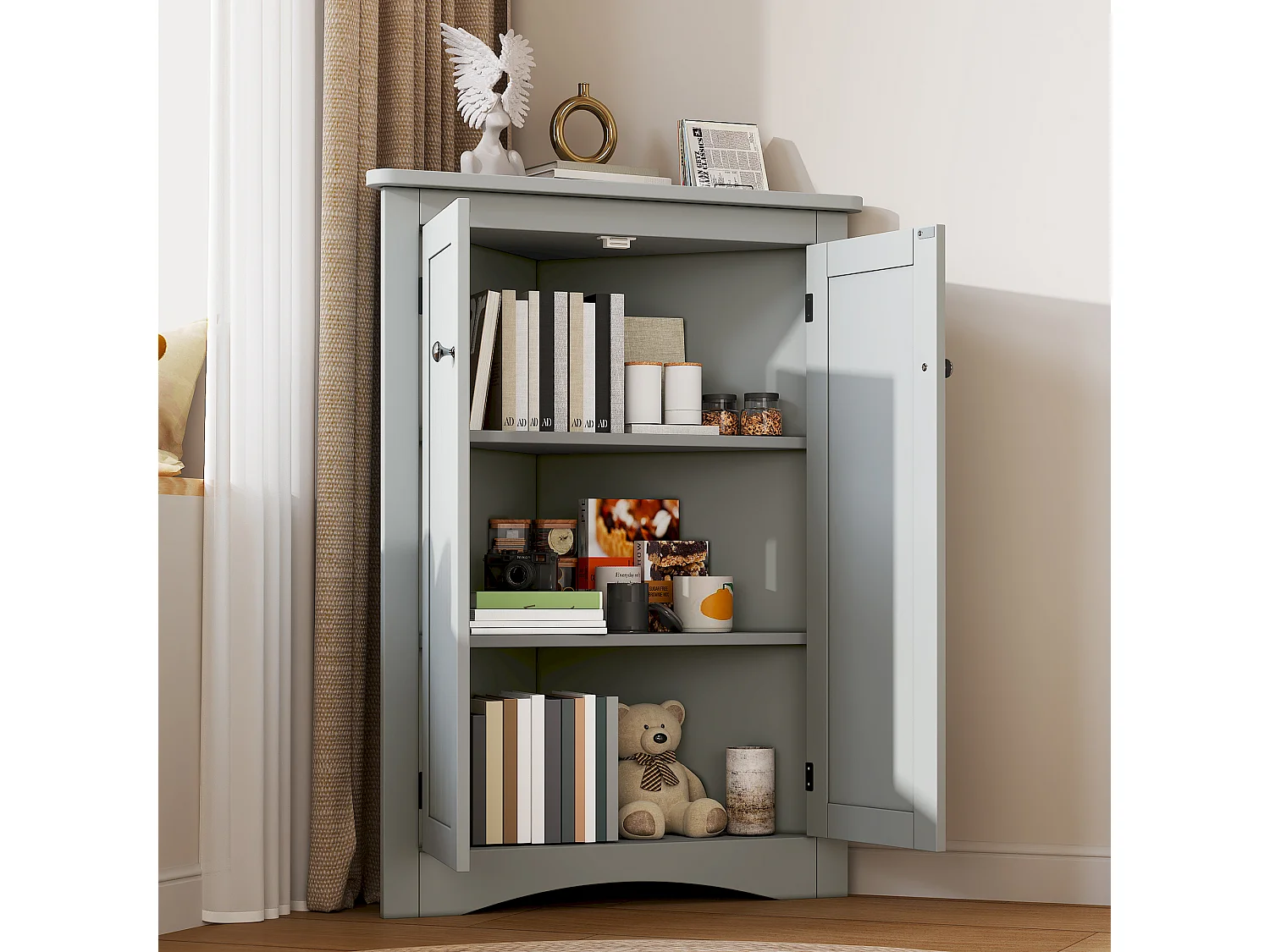 Meuble d'angle gris, 2 portes, 3 étagères, triangulaire, gain de place, pour salle de bain