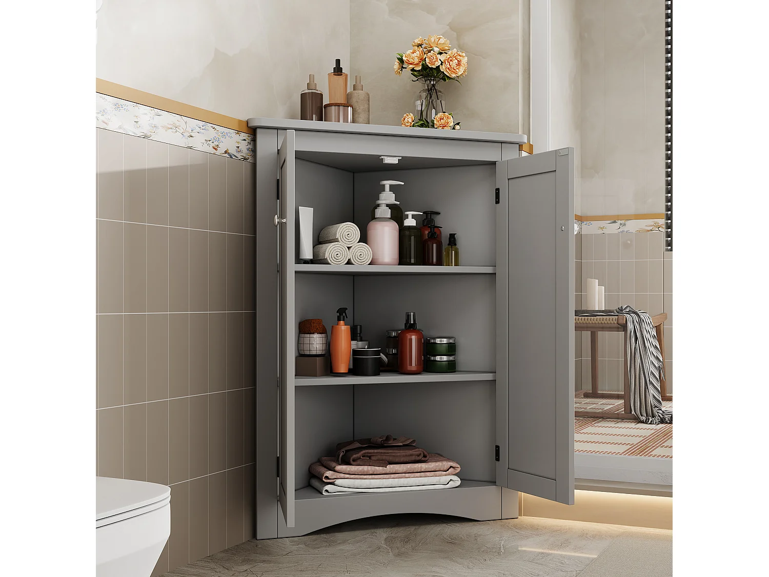 Meuble d'angle gris, 2 portes, 3 étagères, triangulaire, gain de place, pour salle de bain