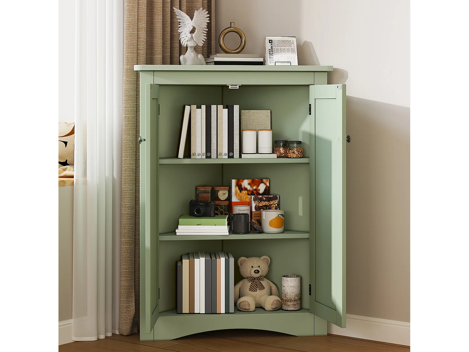Meuble d'angle vert, 2 portes, 3 étagères, triangulaire, gain de place, pour salle de bain