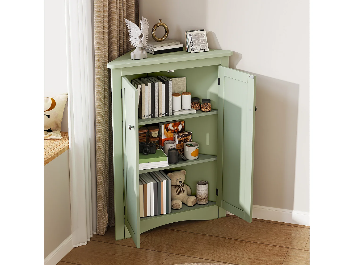 Meuble d'angle vert, 2 portes, 3 étagères, triangulaire, gain de place, pour salle de bain