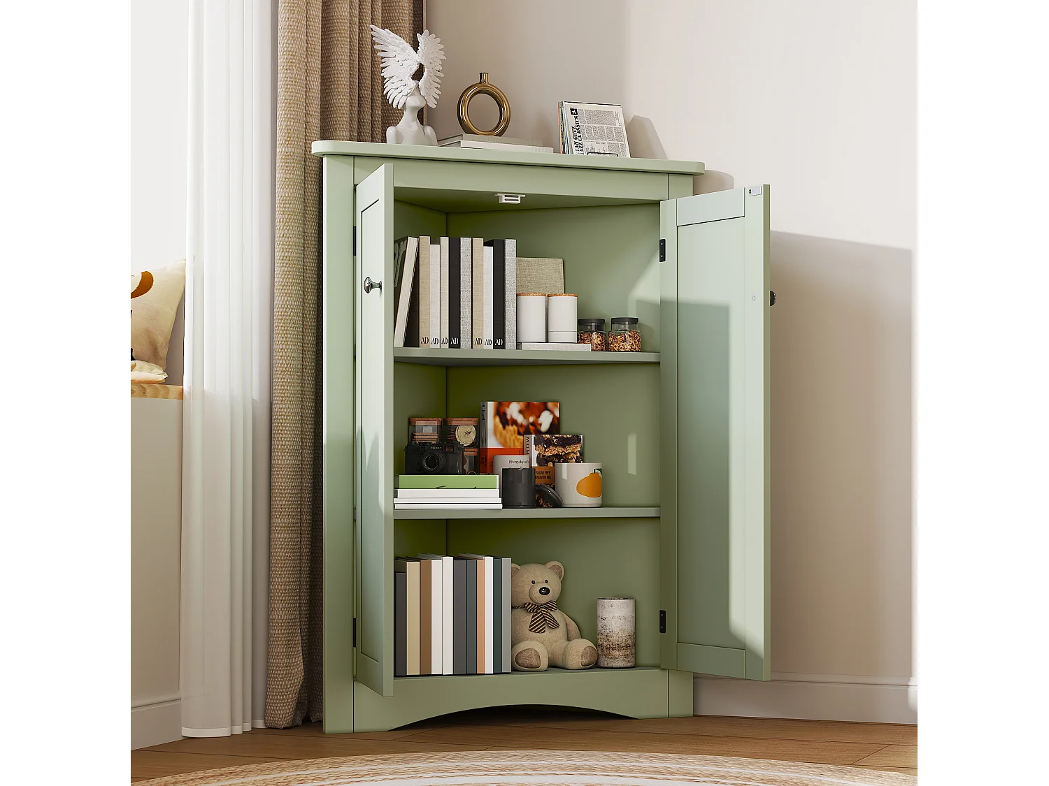 Meuble d'angle vert, 2 portes, 3 étagères, triangulaire, gain de place, pour salle de bain