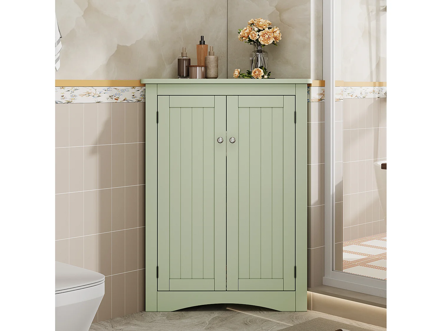Meuble d'angle vert, 2 portes, 3 étagères, triangulaire, gain de place, pour salle de bain