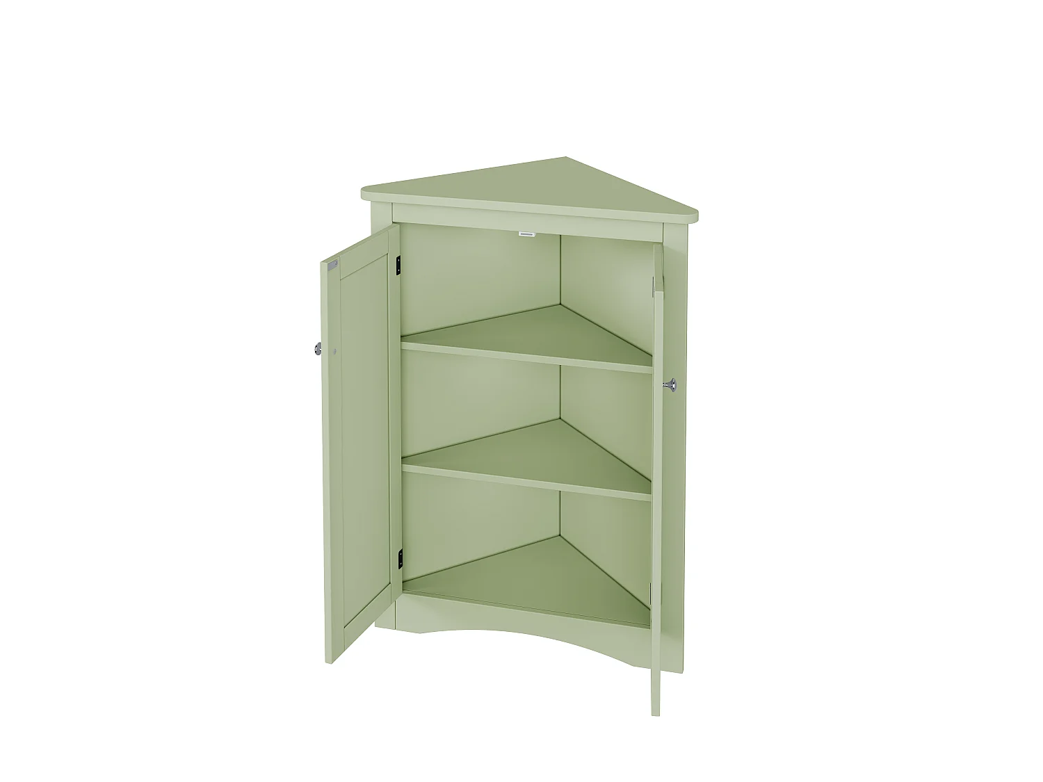 Meuble d'angle vert, 2 portes, 3 étagères, triangulaire, gain de place, pour salle de bain