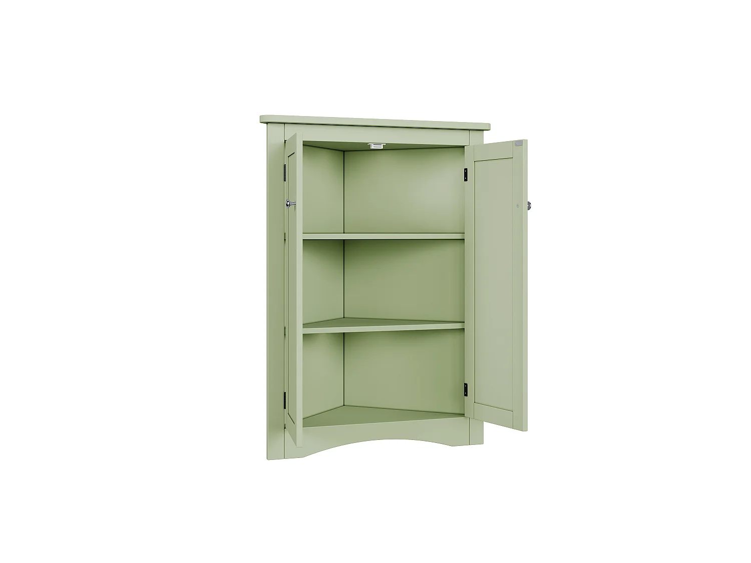Meuble d'angle vert, 2 portes, 3 étagères, triangulaire, gain de place, pour salle de bain
