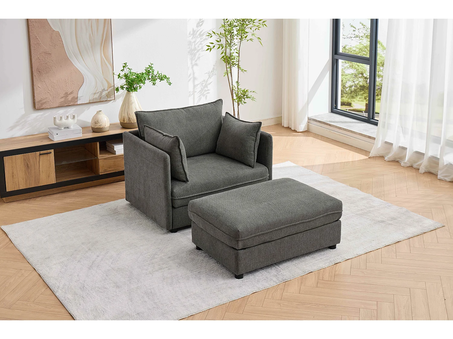 Fauteuil relax gris en chenille, avec repose-pieds et rangement intégré, design scandinave