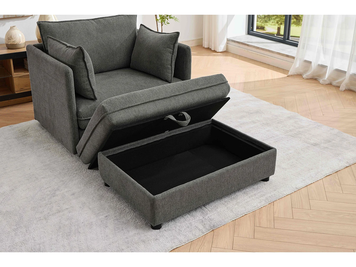 Fauteuil relax gris en chenille, avec repose-pieds et rangement intégré, design scandinave