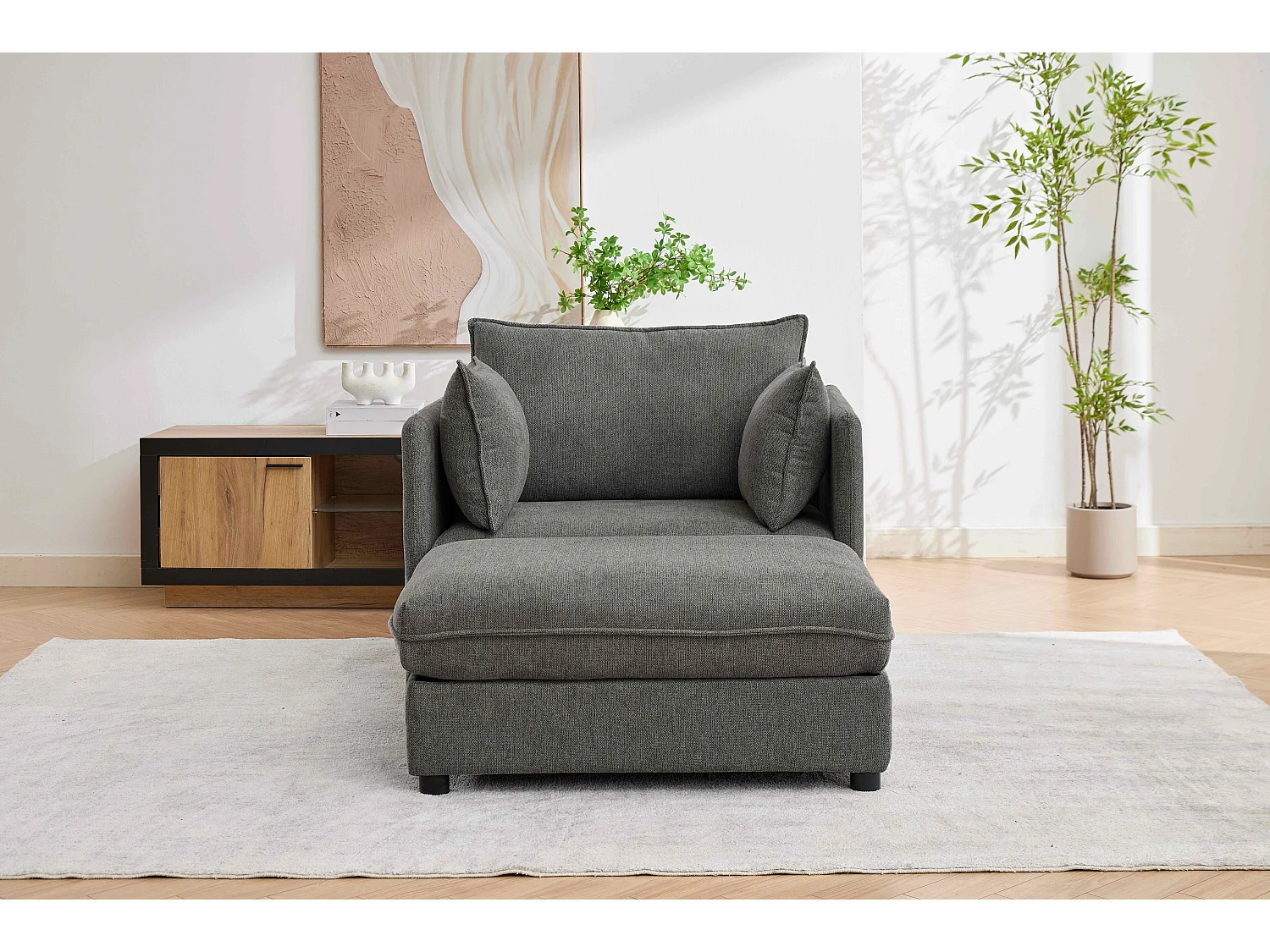 Fauteuil relax gris en chenille, avec repose-pieds et rangement intégré, design scandinave