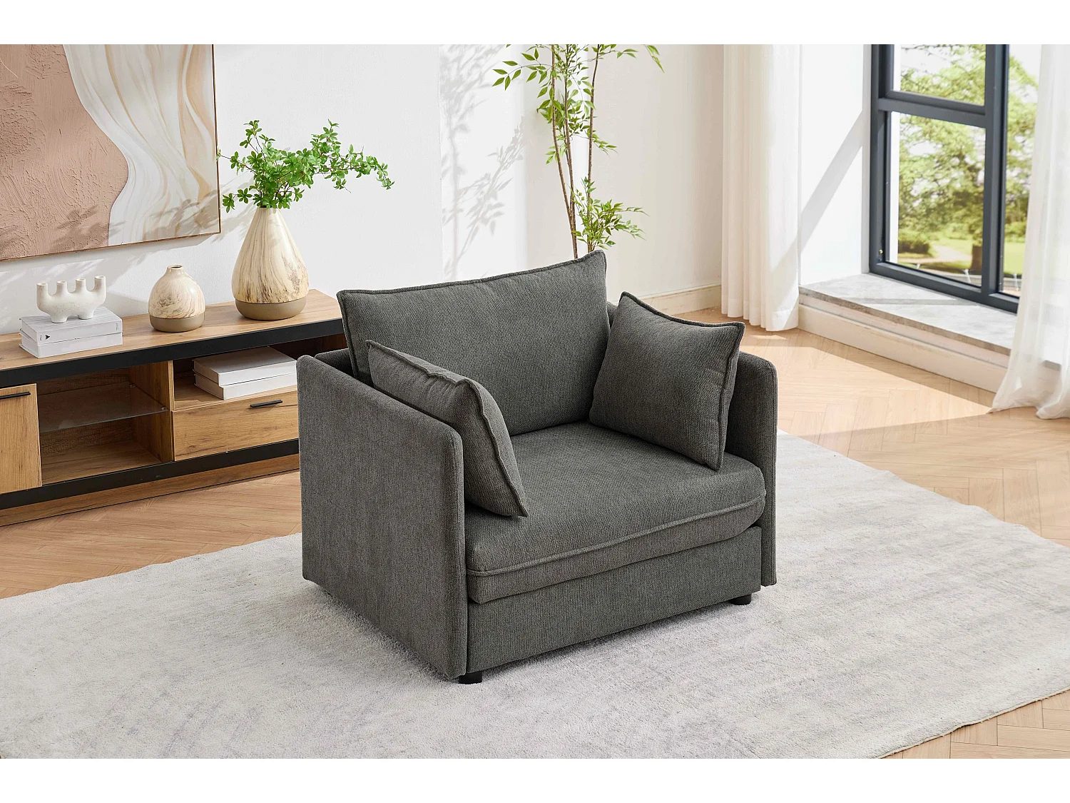 Fauteuil relax gris en chenille, avec repose-pieds et rangement intégré, design scandinave
