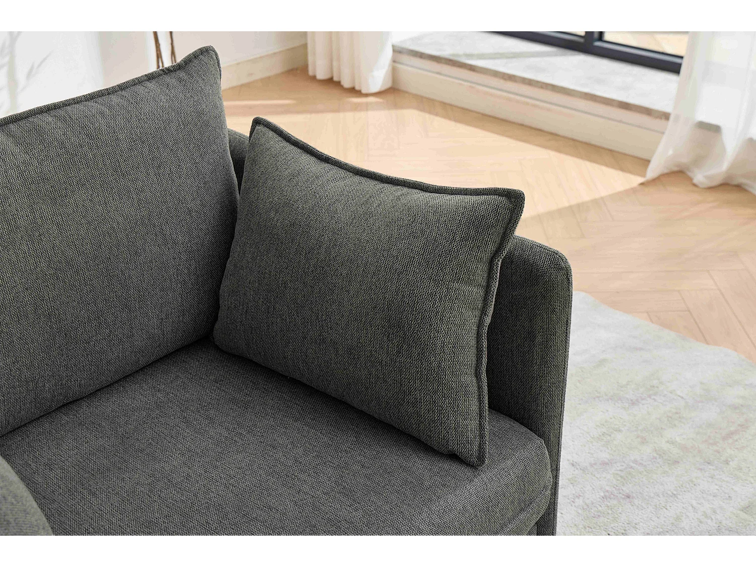 Fauteuil relax gris en chenille, avec repose-pieds et rangement intégré, design scandinave