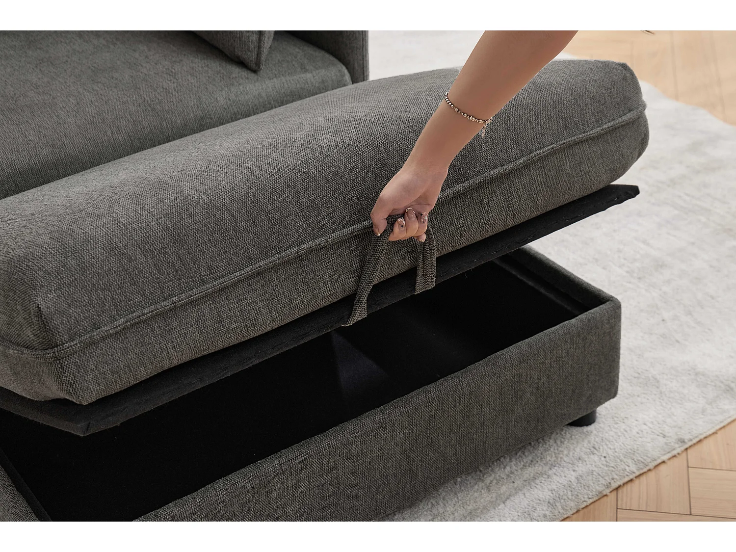 Fauteuil relax gris en chenille, avec repose-pieds et rangement intégré, design scandinave