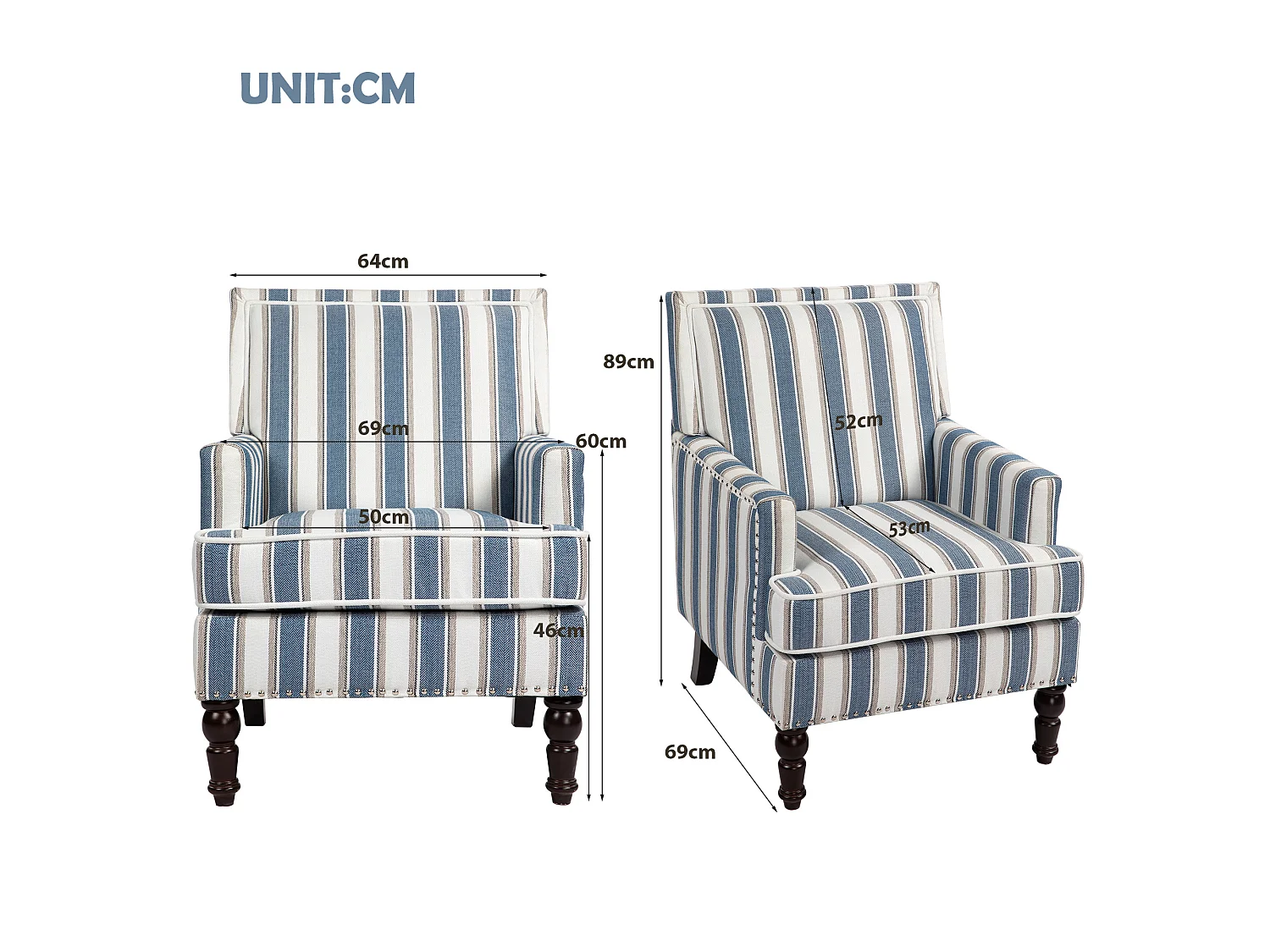Fauteuil relax vintage rayé bleu/blanc, capitonné, clous décoratifs, lin, pour salon