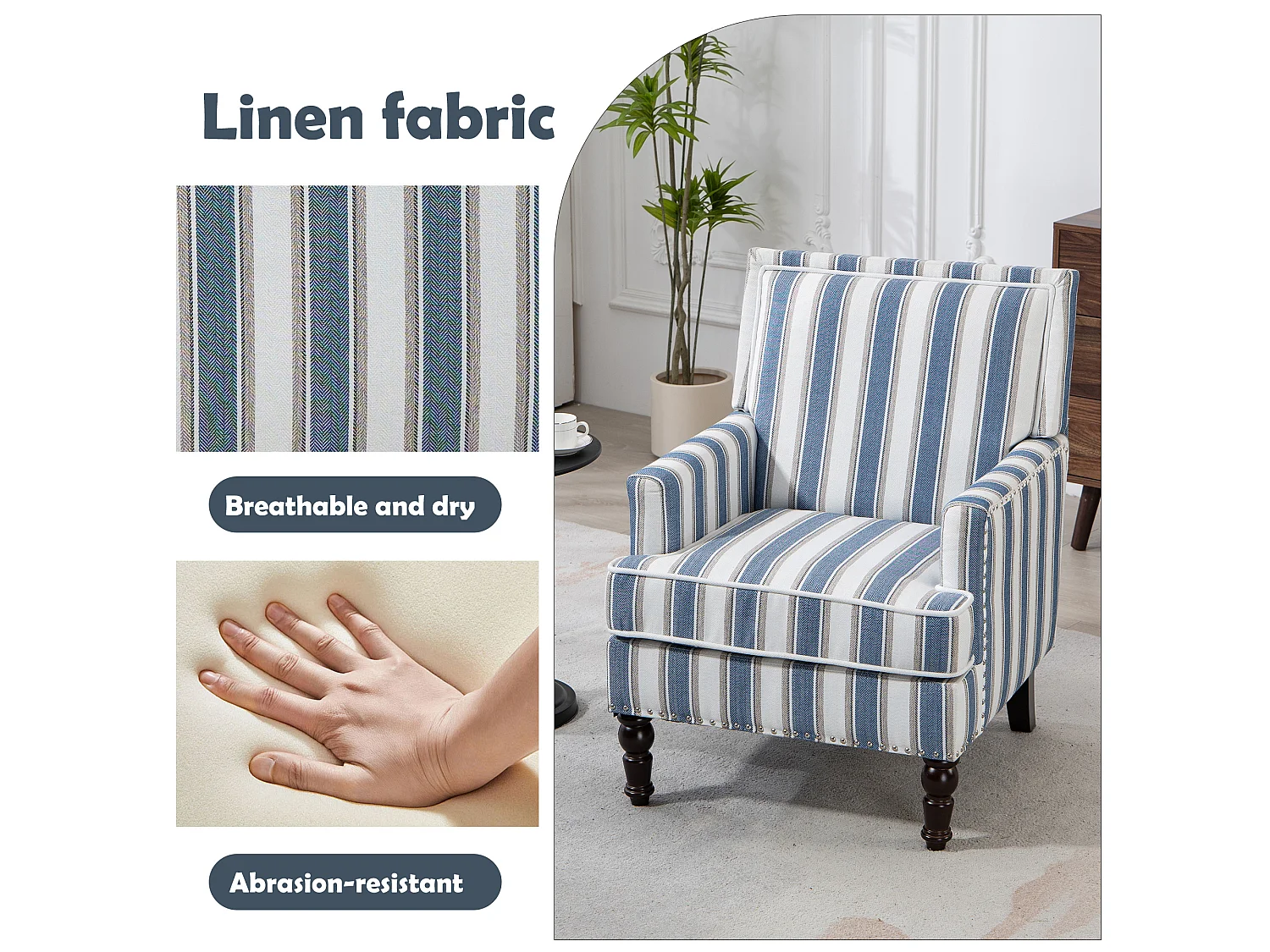Fauteuil relax vintage rayé bleu/blanc, capitonné, clous décoratifs, lin, pour salon