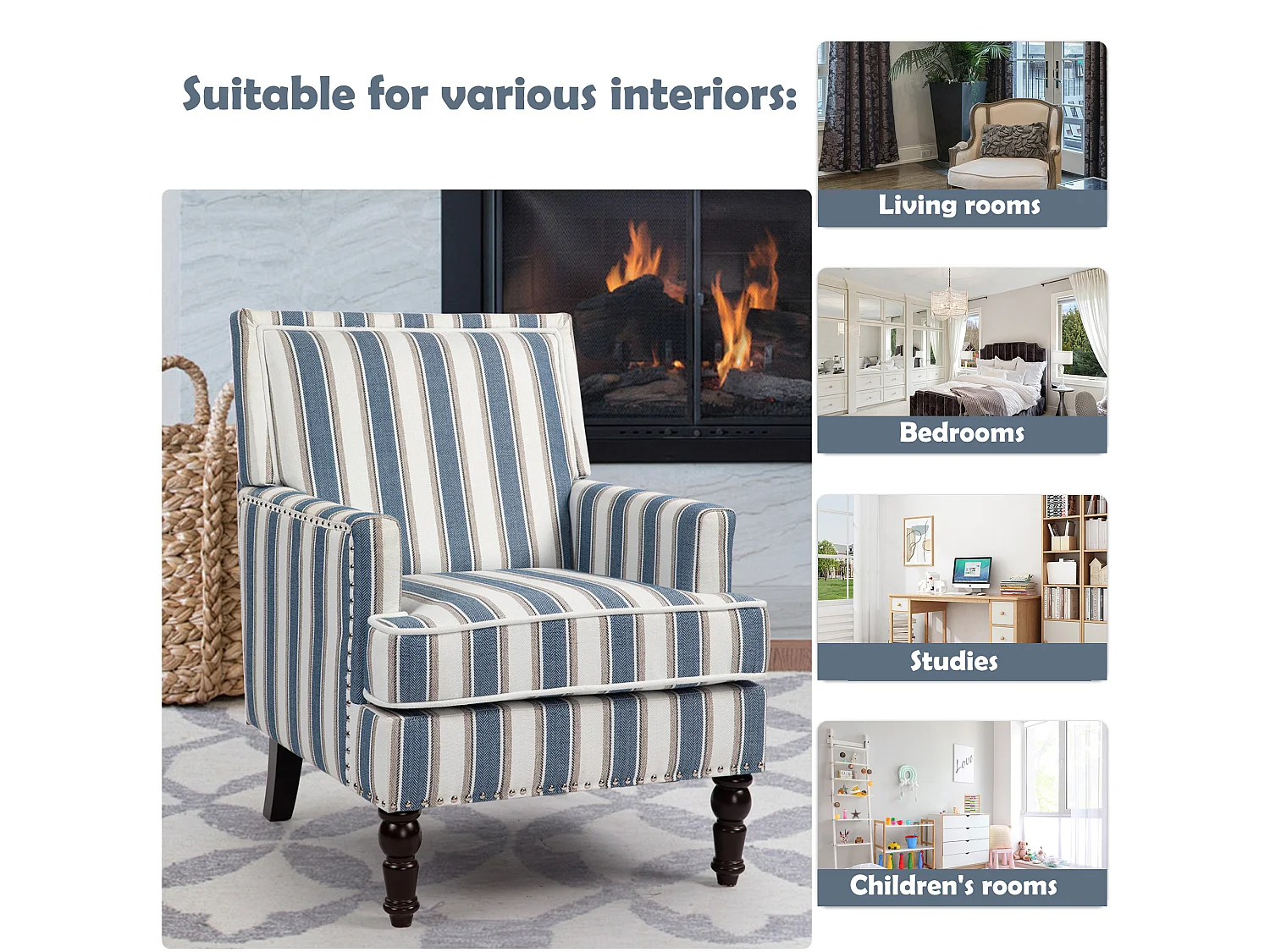 Fauteuil relax vintage rayé bleu/blanc, capitonné, clous décoratifs, lin, pour salon