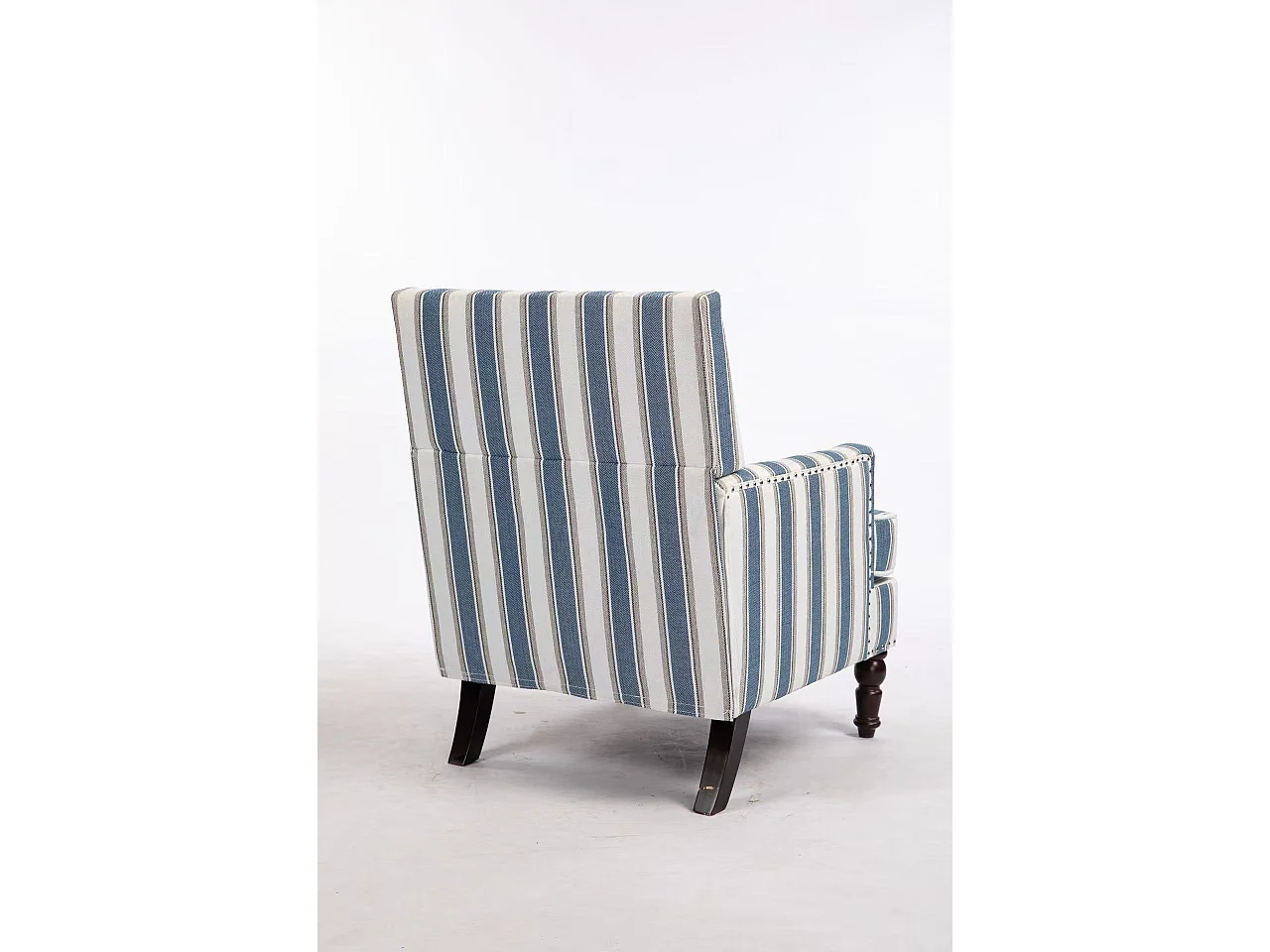 Fauteuil relax vintage rayé bleu/blanc, capitonné, clous décoratifs, lin, pour salon