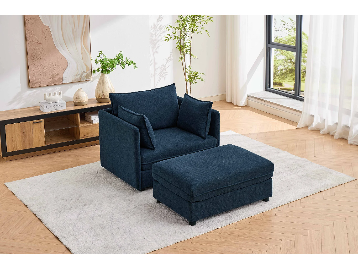 Fauteuil relax bleu foncé en chenille, avec repose-pieds et rangement intégré, design scandinave