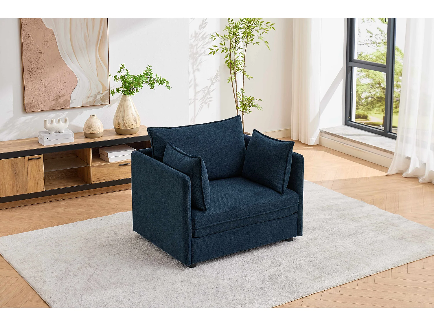 Fauteuil relax bleu foncé en chenille, avec repose-pieds et rangement intégré, design scandinave