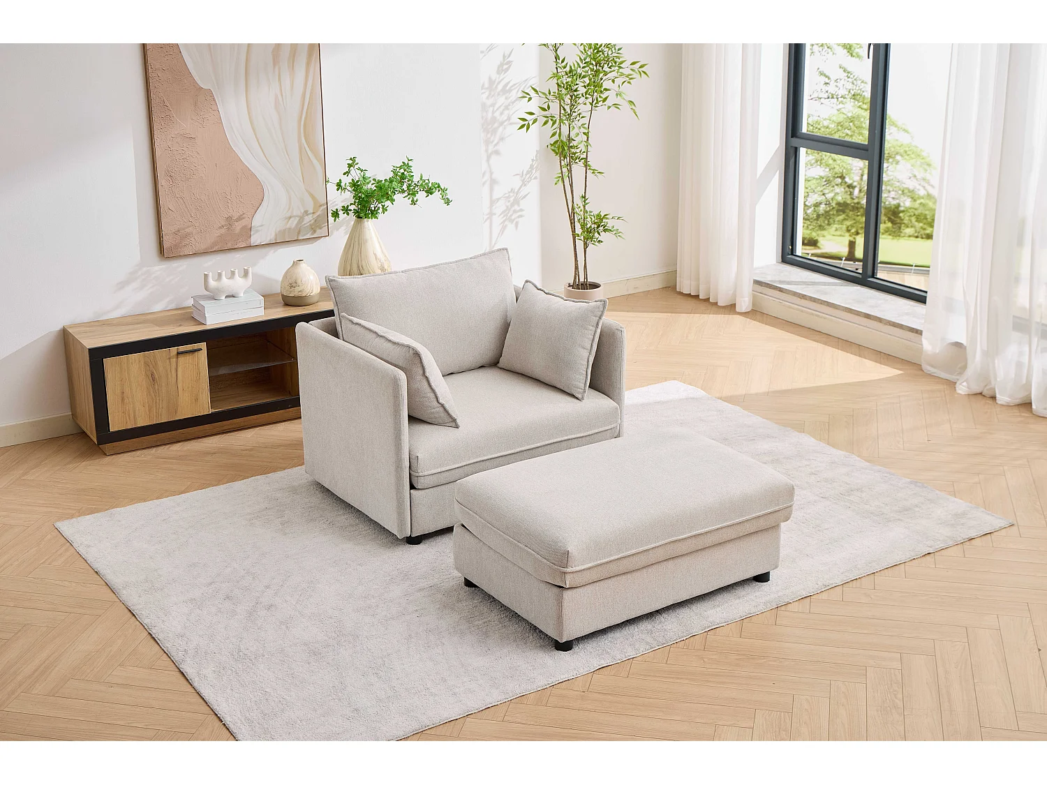 Fauteuil relax beige avec repose-pieds et rangement intégré, tissu doux, design scandinave