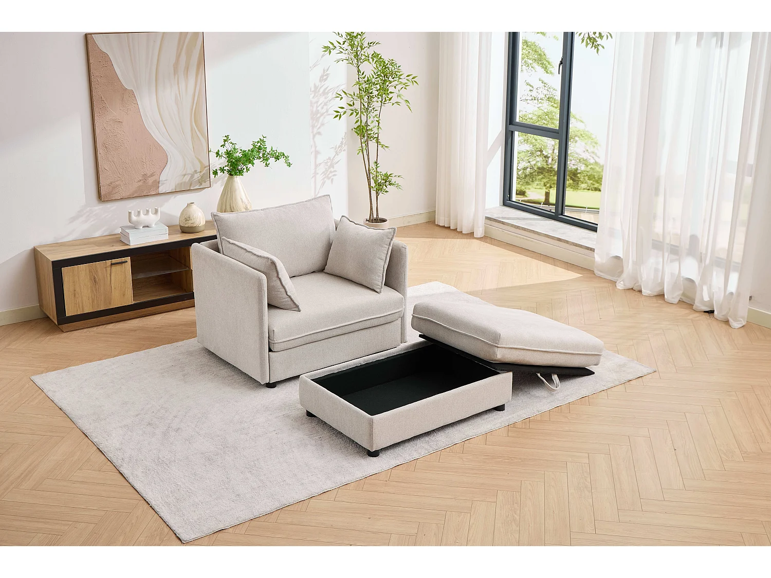 Fauteuil relax beige avec repose-pieds et rangement intégré, tissu doux, design scandinave