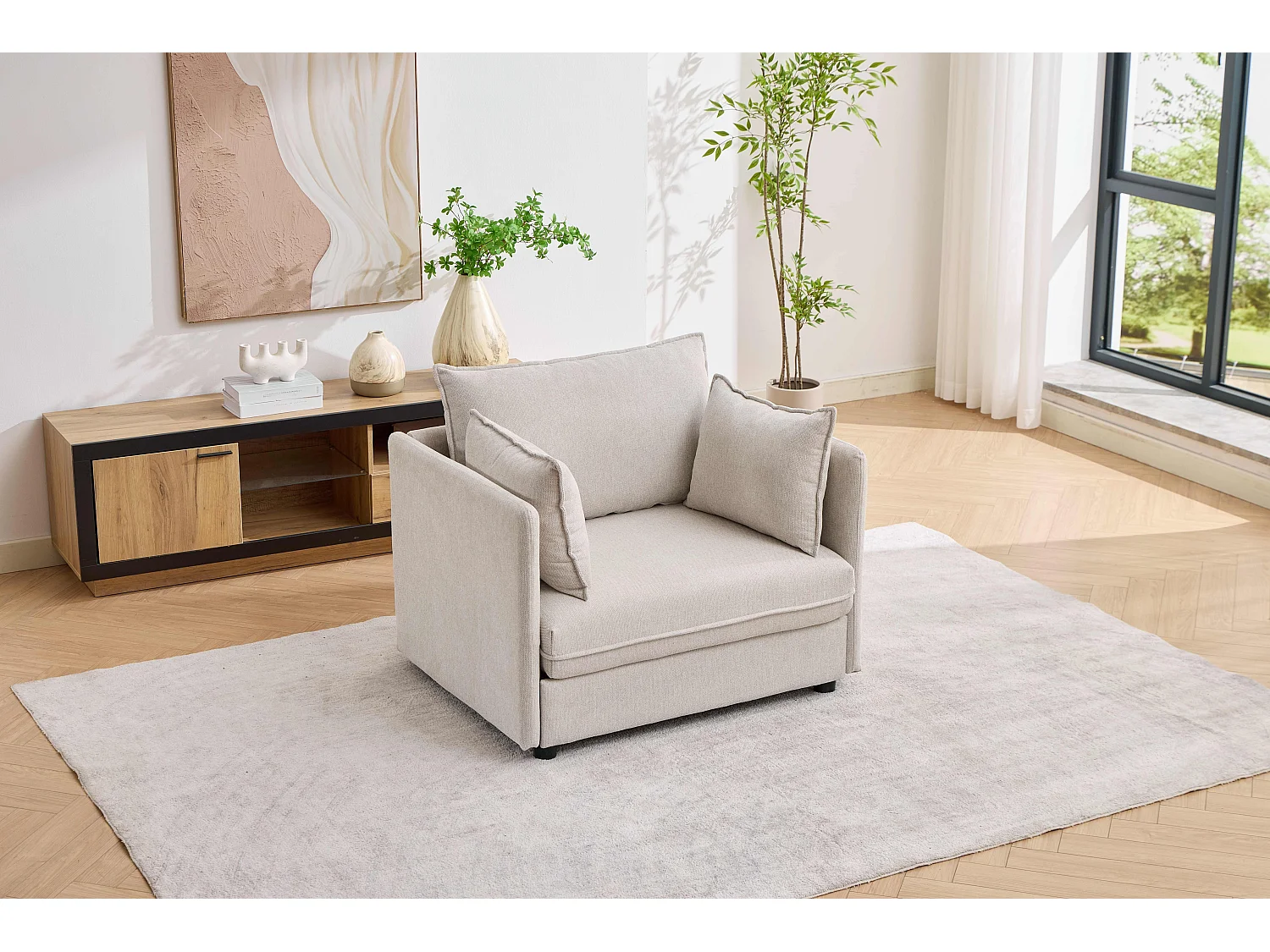 Fauteuil relax beige avec repose-pieds et rangement intégré, tissu doux, design scandinave
