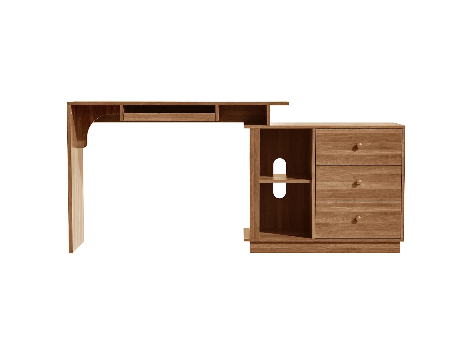 Bureau en bois avec tiroirs, clavier coulissant et rangements, design moderne, télétravail