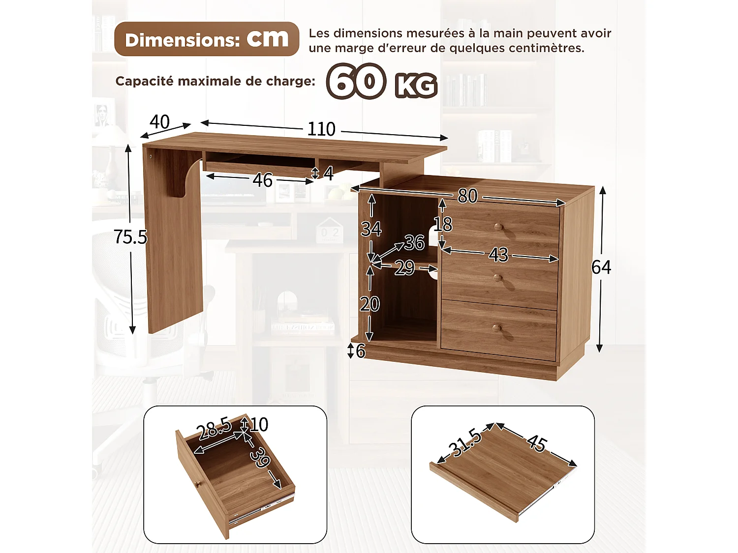 Bureau en bois avec tiroirs, clavier coulissant et rangements, design moderne, télétravail