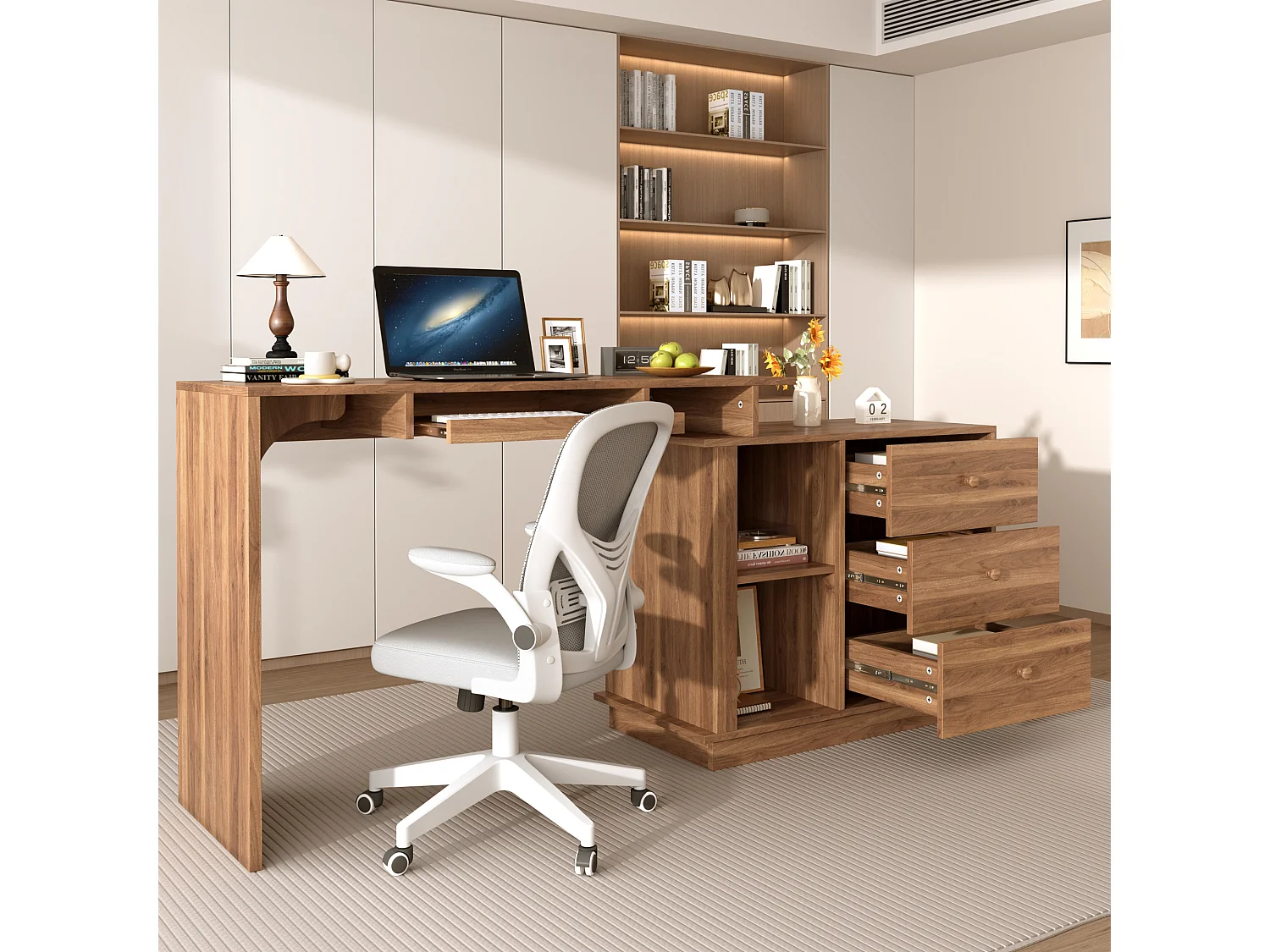 Bureau en bois avec tiroirs, clavier coulissant et rangements, design moderne, télétravail
