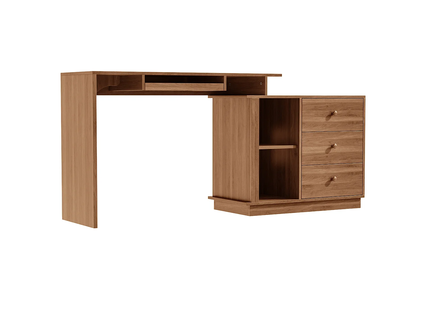 Bureau en bois avec tiroirs, clavier coulissant et rangements, design moderne, télétravail